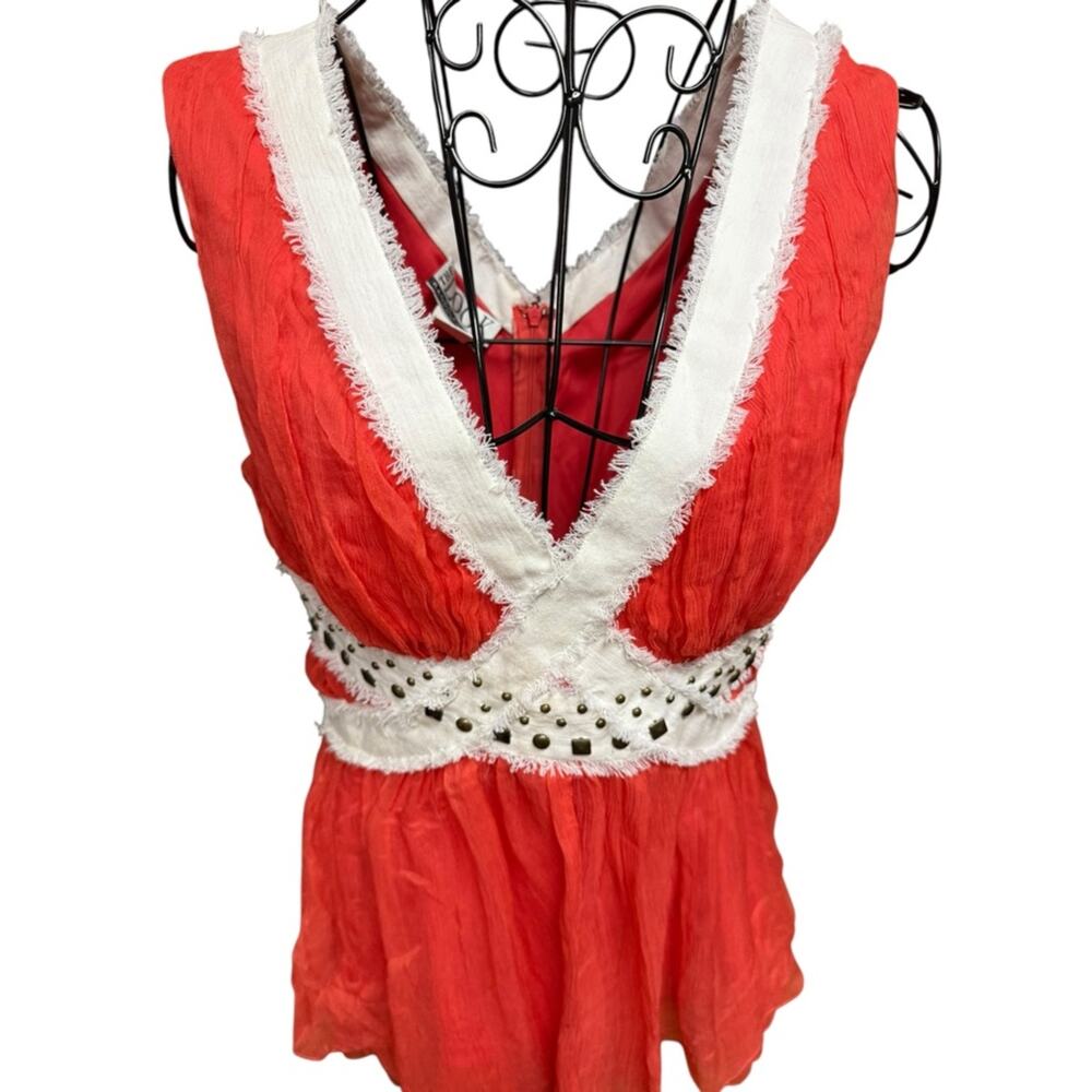 Randolph Duke Coral 100% Silk Blouse with Studs and Ivory Trim size 8
